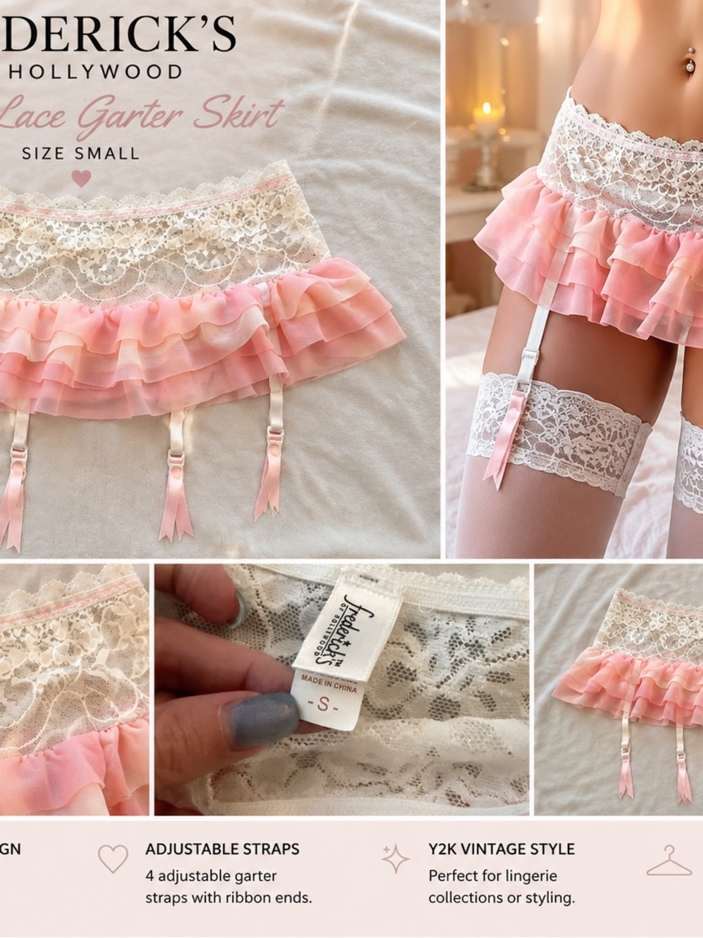 Frederick's of Hollywood Pink & White Lace Garter Skirt
